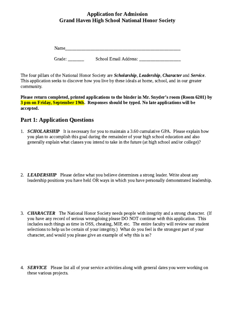 Copy of Fall 2025 NHS Admission Application - Google Docs | PDF