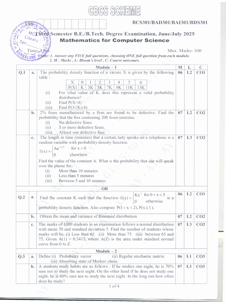 Mathematics for Computer Science BCS301 BAD301 BAI301 BDS301 | PDF ...