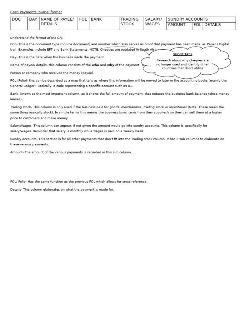 Cash Payments Journal Format GR 9 | PDF | Cheque | Payments