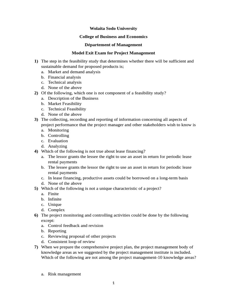 Project Management Model Exit Exam 2018 | PDF | Lease | Feasibility Study