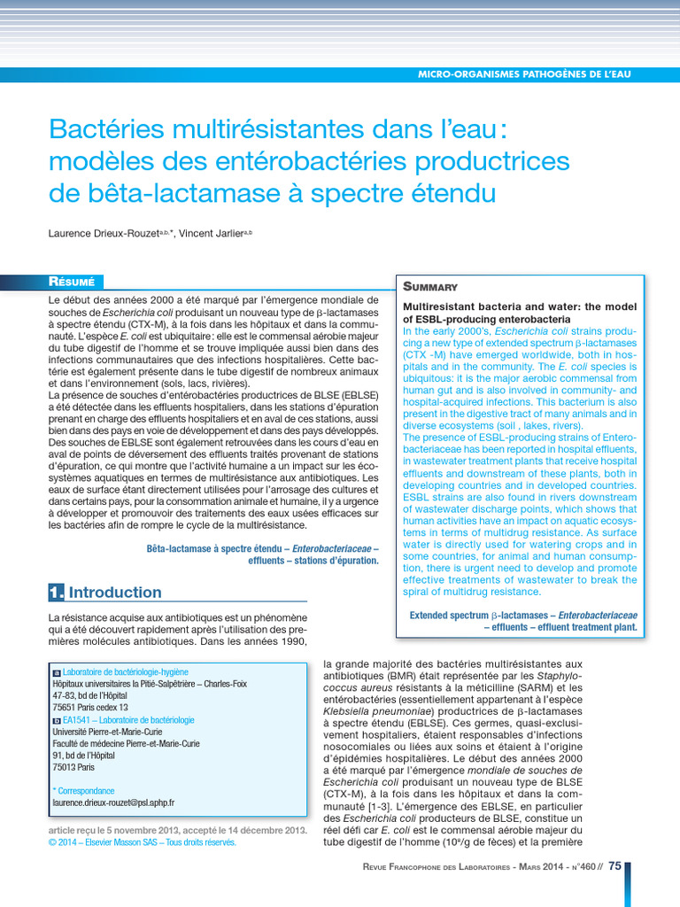 Bactéries Multirésistantes Dans L'eau Modèles Des Entérobactéries ...