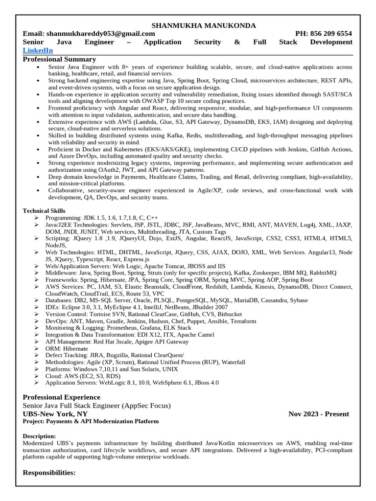 Shanmukhareddy Java Resume | PDF | Microsoft Azure | Spring Framework