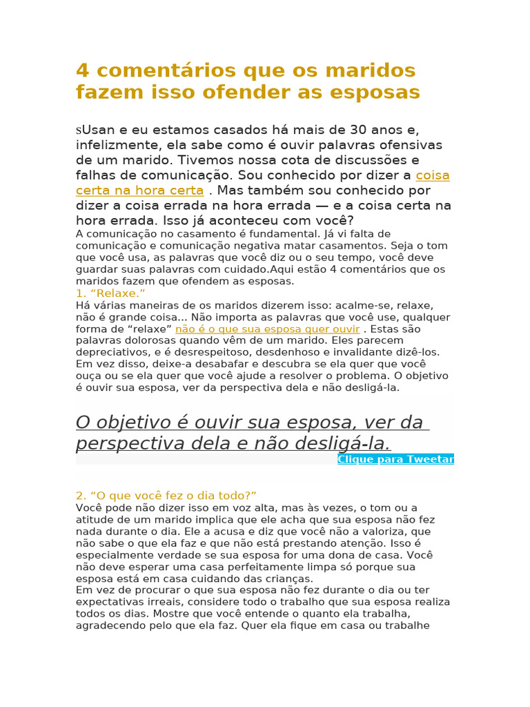4 Comentários Que Os Maridos Fazem Isso Ofender As Esposas | PDF | Emoções