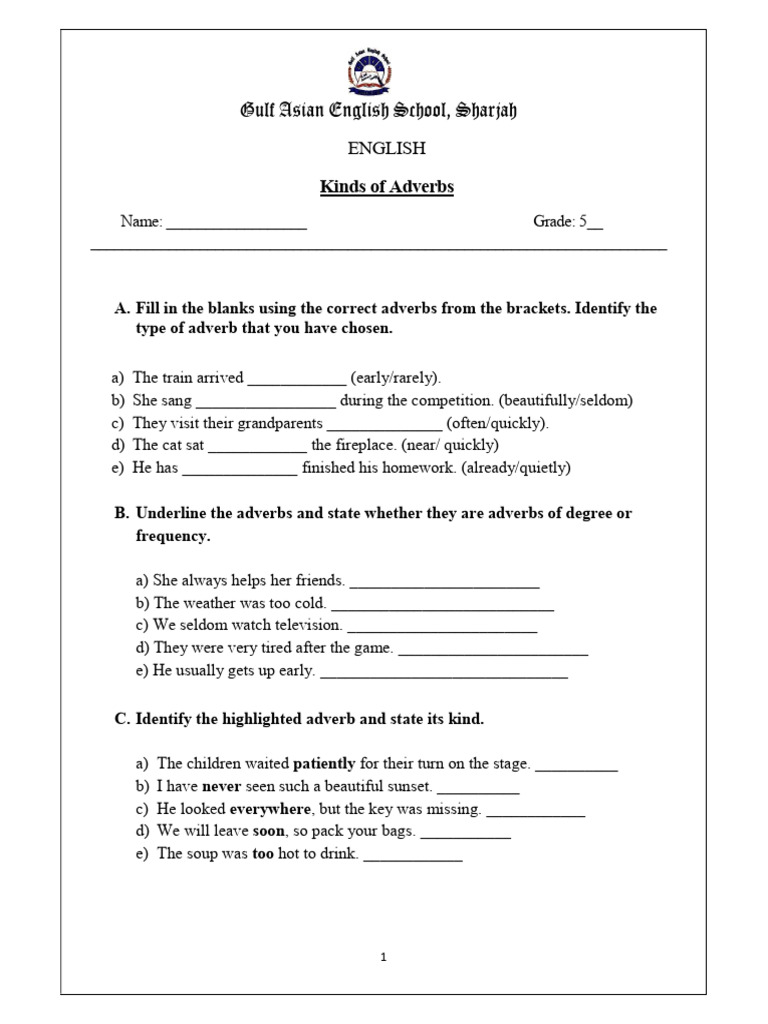 GR 5 Kinds of Adverbs Worksheet - 260121 - 111610 | PDF