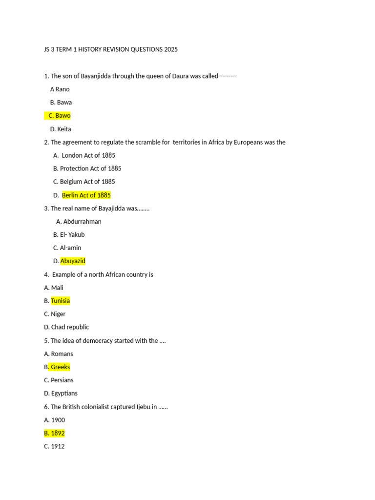 Js 3 Term 1 History Revision Questions 2025 Yy | PDF | Nigeria | Africa