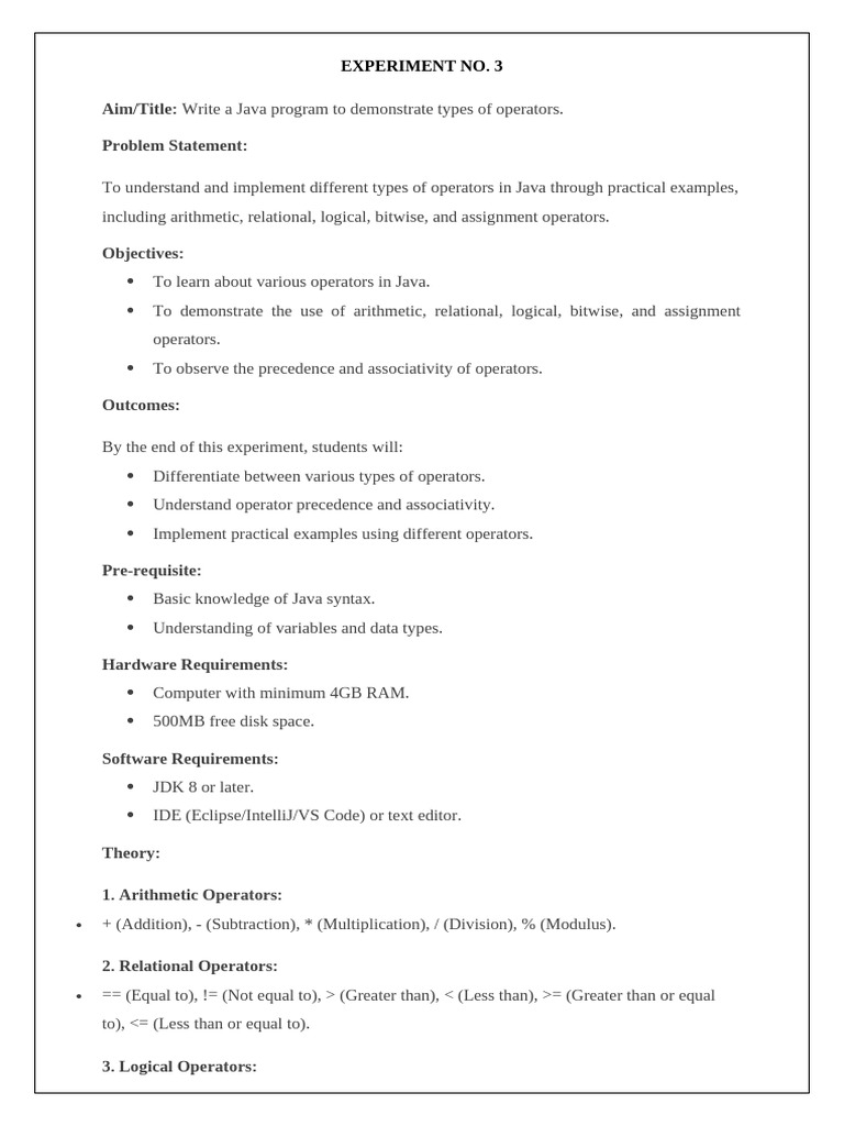 Cs306 CW Experiment No-3 (Operator) | PDF | Java (Programming Language ...