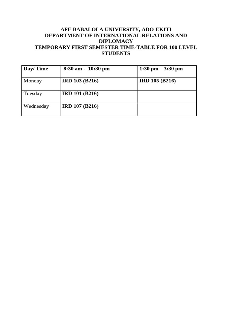 100 Level Temporary First Semester Timetable | PDF