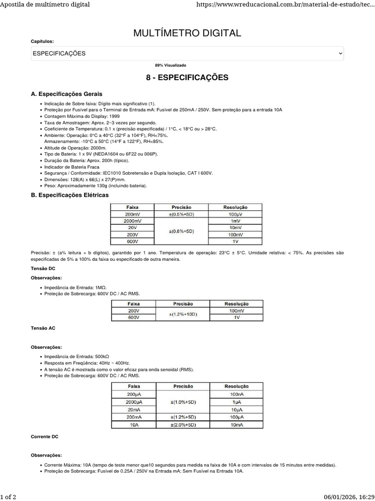 Apostila de Multímetro Digital 04 | PDF | Engenharia Elétrica | Eletrônicos