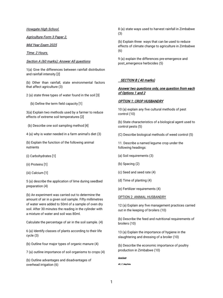 Agric Form 3 Paper 2 Howgate Mid Year 2025 | PDF | Agriculture | Soil