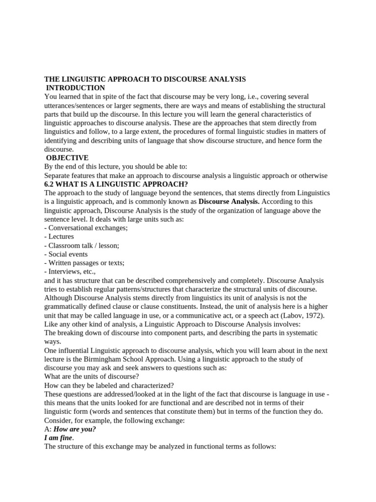 THE LINGUISTIC APPROACH TO DISCOURSE ANALYSIS | PDF | Linguistics ...