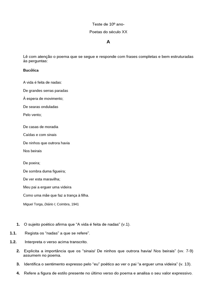 Teste de 10º Ano Poesia XX | PDF | Poesia | Linguística
