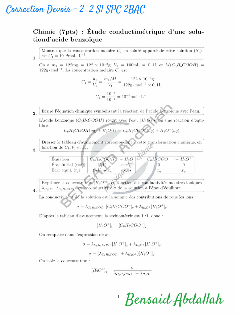 Correction Devoir - 2 2 S1 SPC 2BAC | PDF
