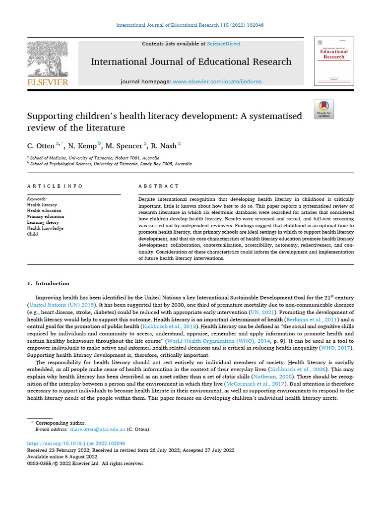 Otten Et Al. (2022)-Supporting Children Health Literacy Development a ...