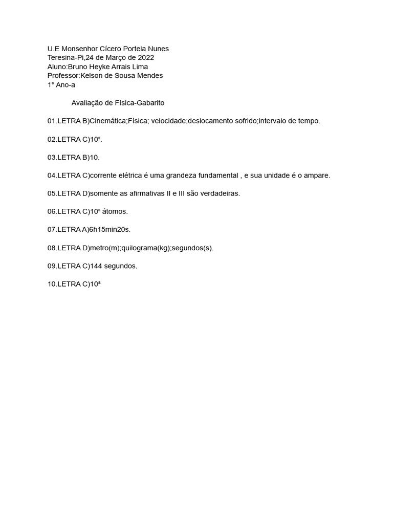 Avaliação de Física Março de 2022 - 1ºa Aluna | PDF