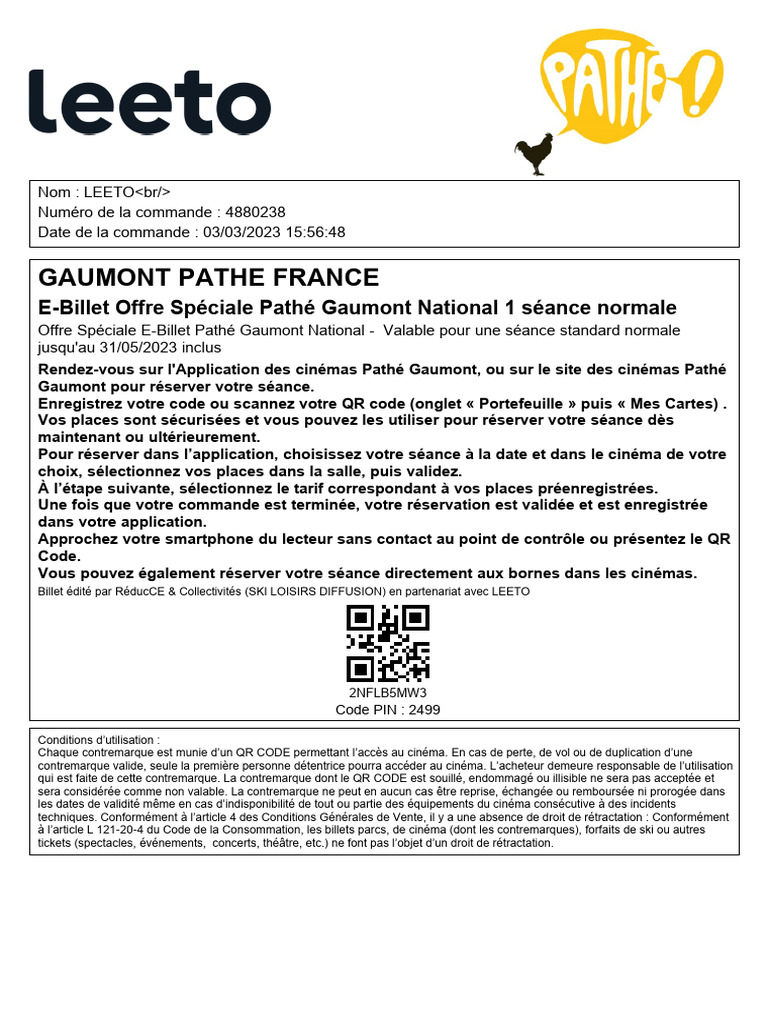 Billet Leeto Pathe Gaumont Billet de Cinema For Subsidized Orders 1 | PDF