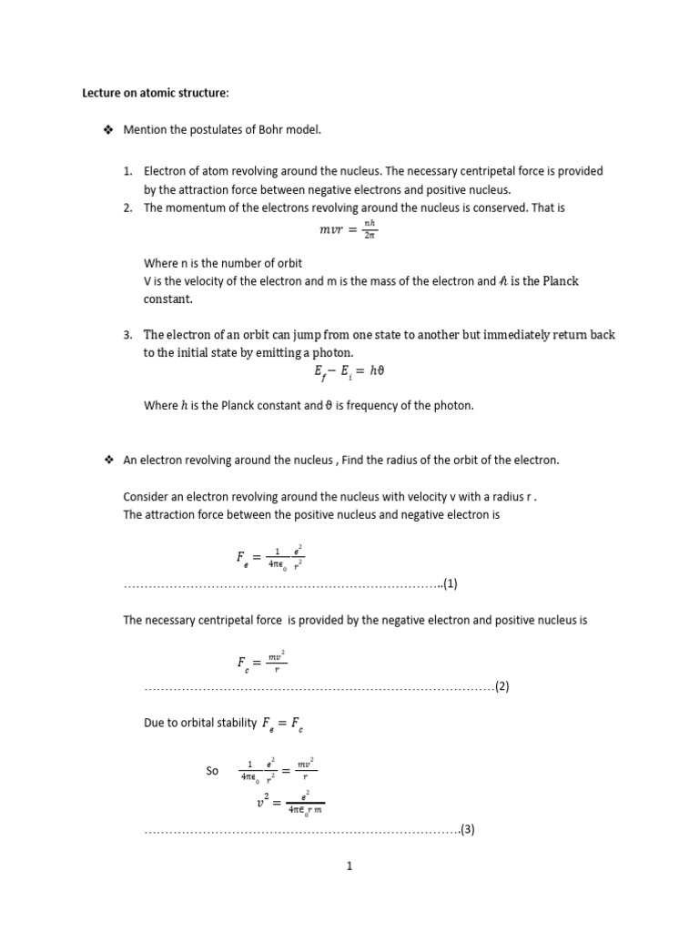 Lecture On Atomic Structure | PDF | Energy Level | Emission Spectrum