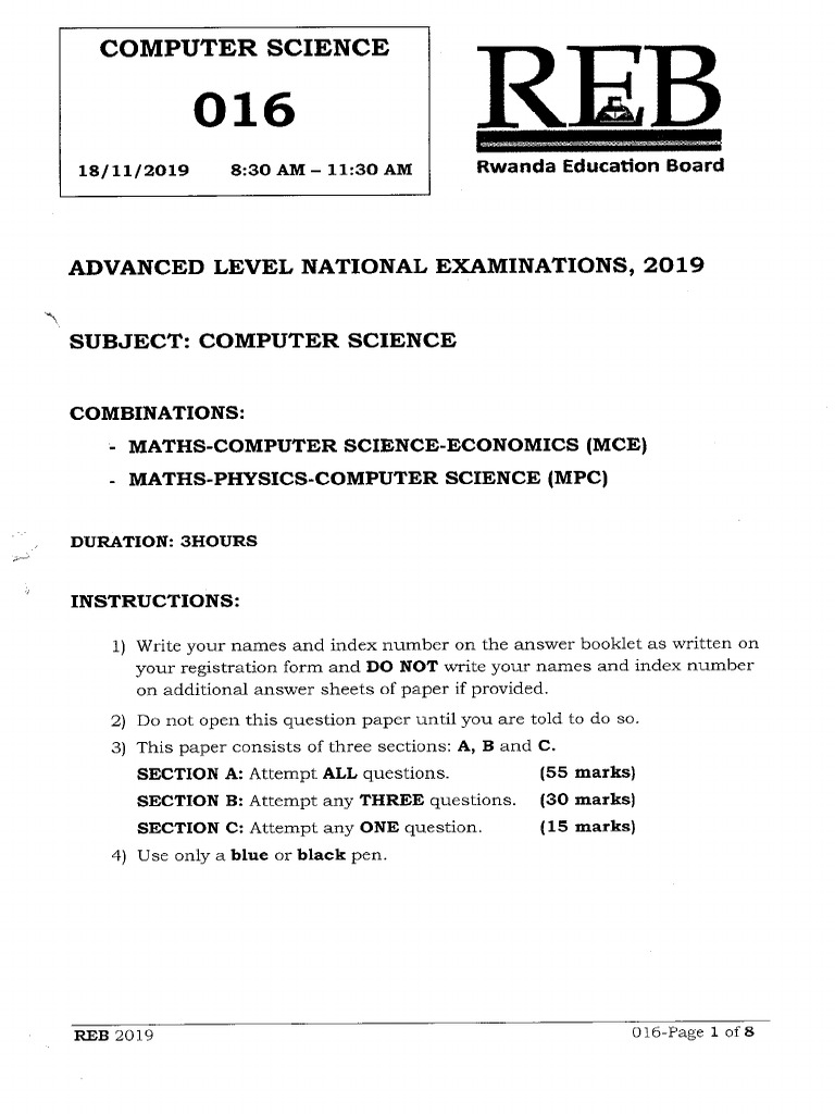 2019 Computer Science Past Paper | PDF