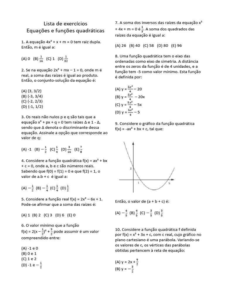 Função Quadrática- Exercícios | PDF | Equações | Função (Matemática)