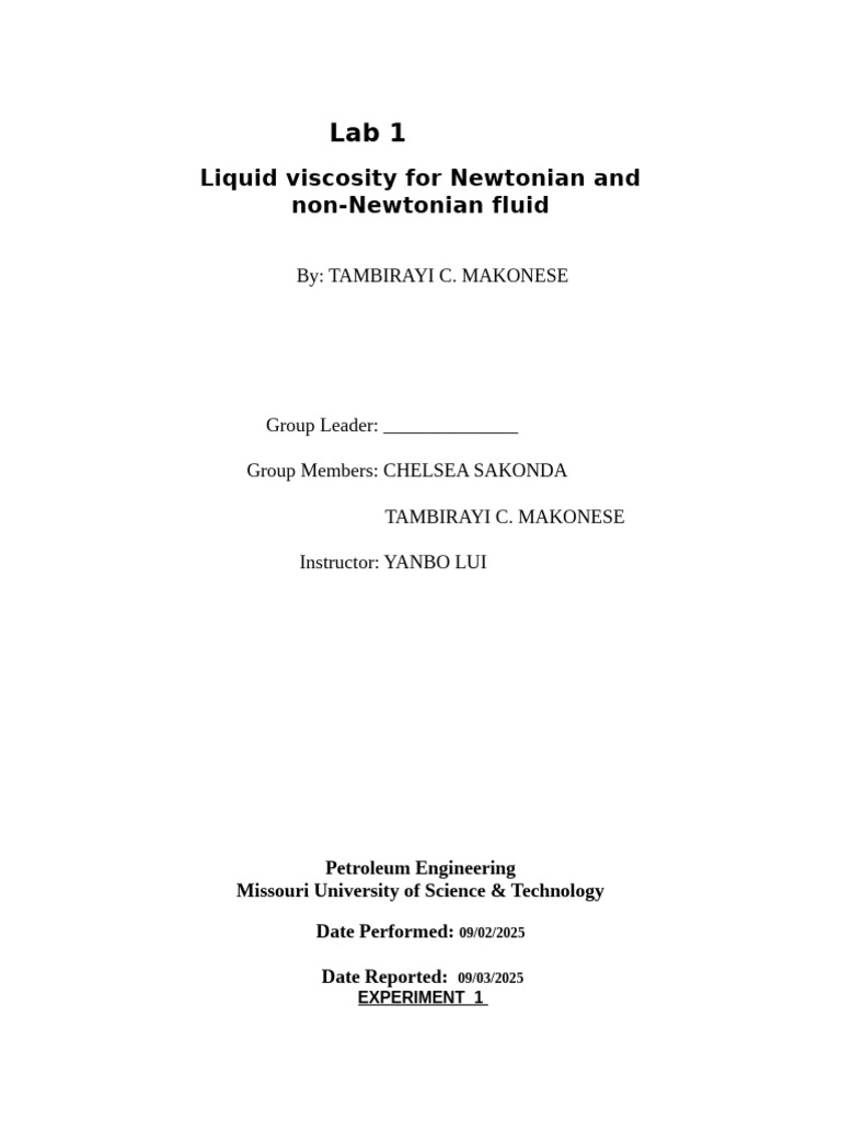 Lab 1 Liquid Viscosity For Newtonian and Non-Newtonian Fluid | PDF ...