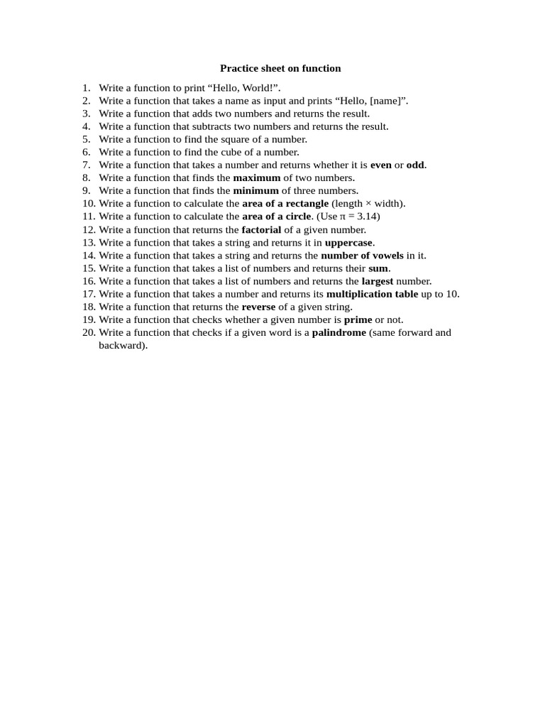 Practice Sheet On Function | PDF