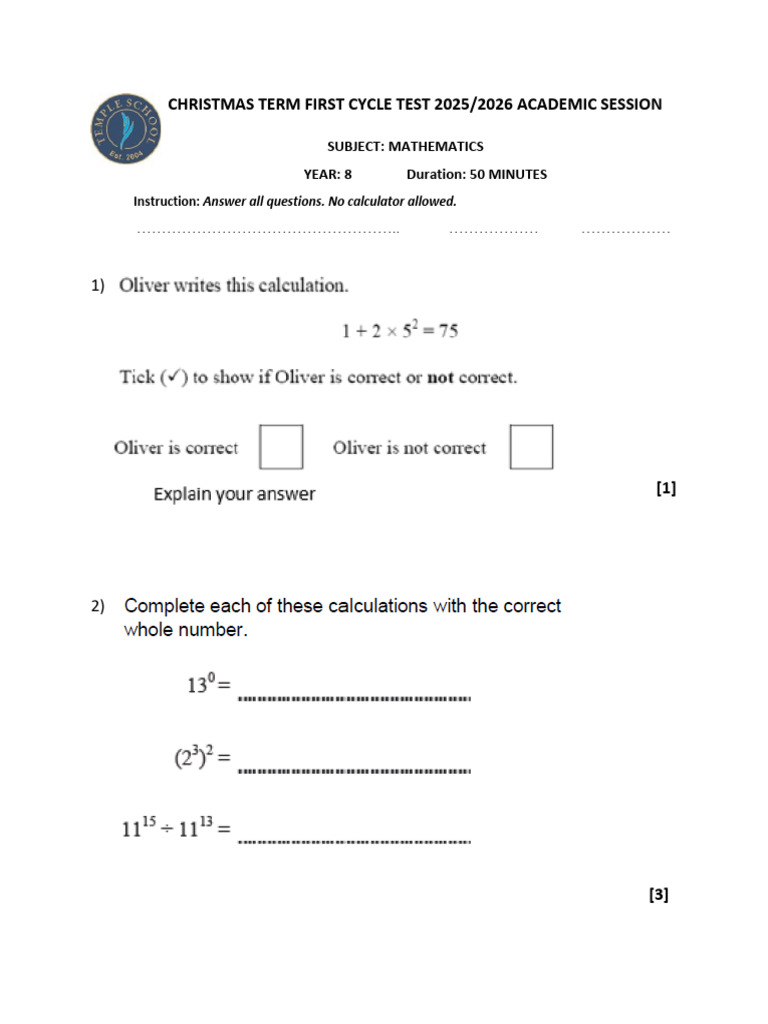 Year 8 Math Cycle Test 1 | PDF