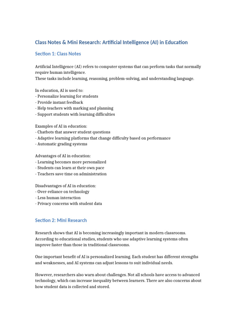 Class Notes and Research AI in Education | PDF