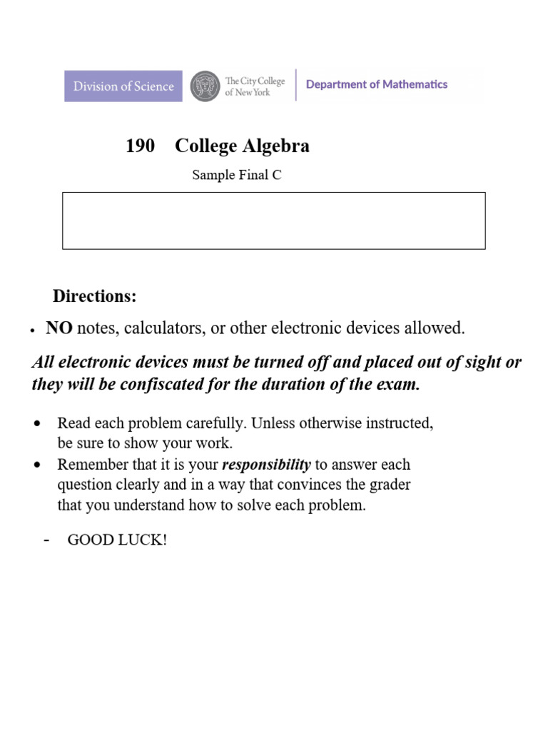 Sample Final Exam C | PDF | Mathematical Analysis | Elementary Mathematics