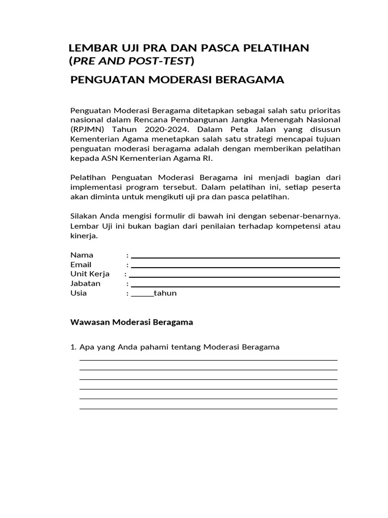 Lembar Uji Pra Dan Pasca Pelatihan Penguatan Moderasi Beragama | PDF