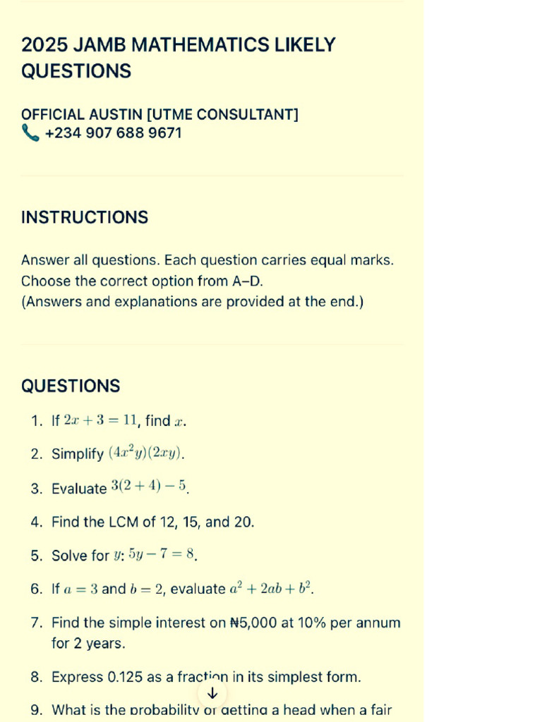 Jamb Mathematics Past Questions | PDF