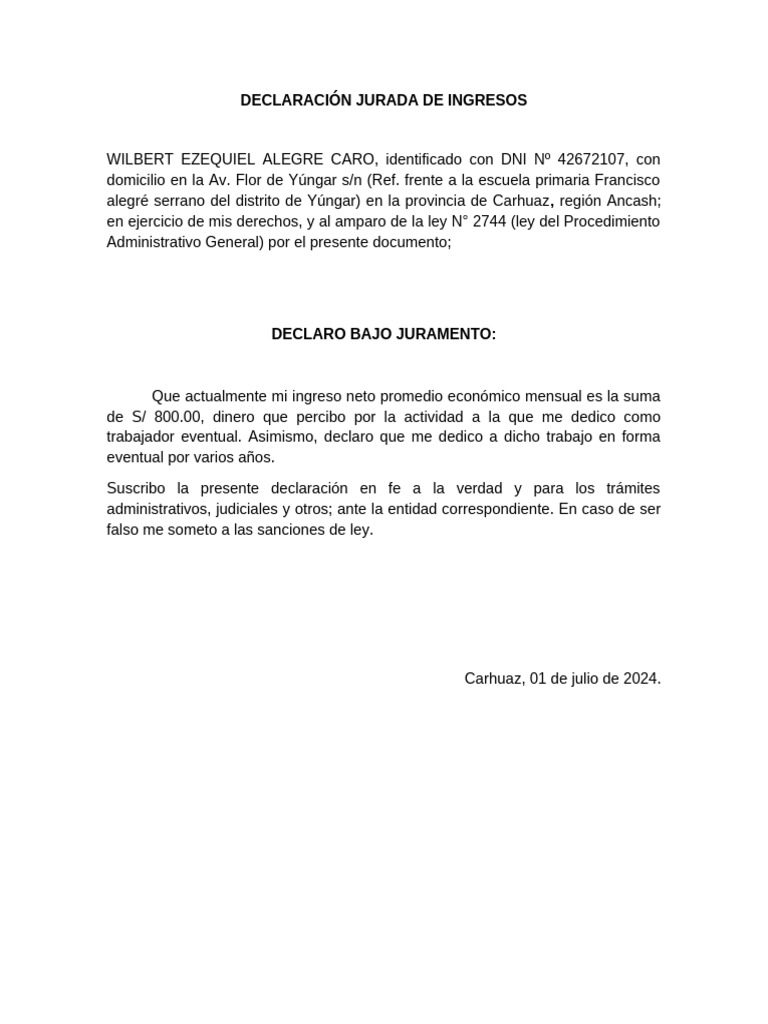 Declaración Jurada de Ingresos | PDF