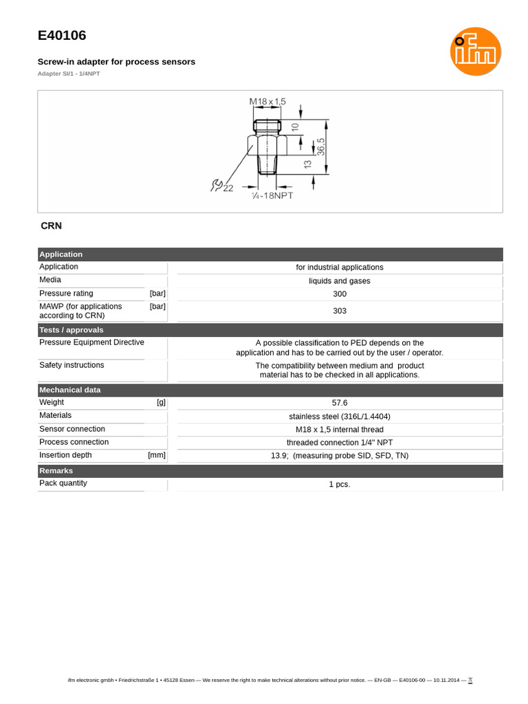 Screw-In Adapter For Process Sensors: Application | PDF