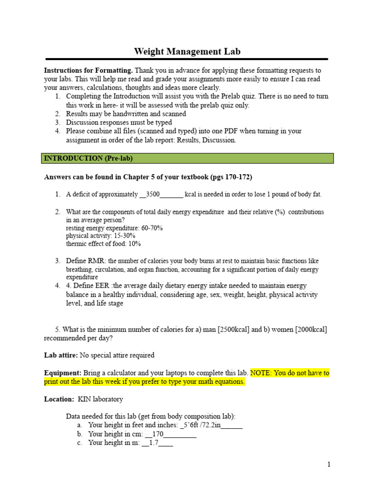 Weight Management Lab - S25 | PDF | Calorie | Weight Management