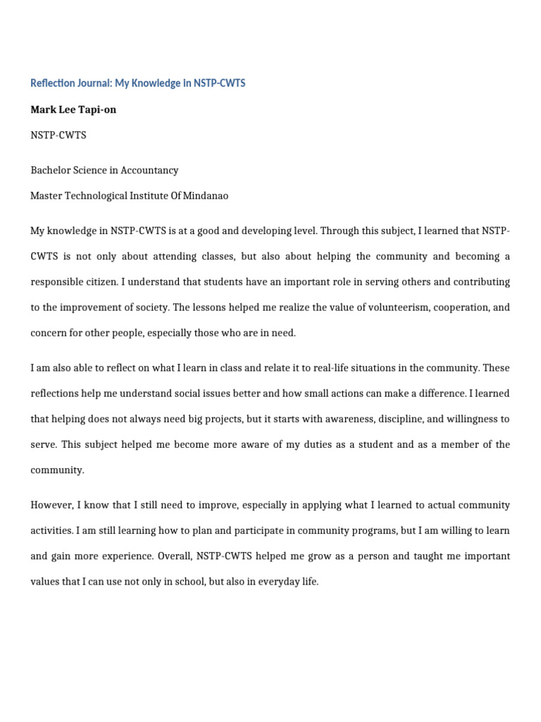 NSTP CWTS Reflection Journal | PDF