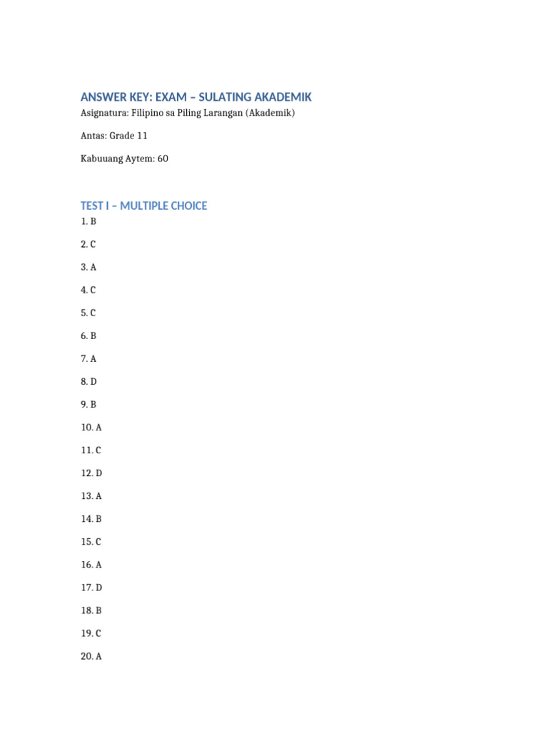 Answer Key Sulating Akademik Grade 11 | PDF