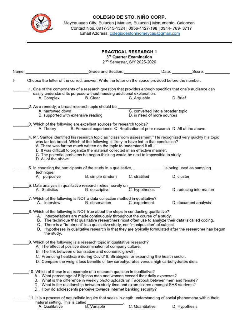 3rd Quarter Exam - Practical Research 1 | PDF | Qualitative Research ...