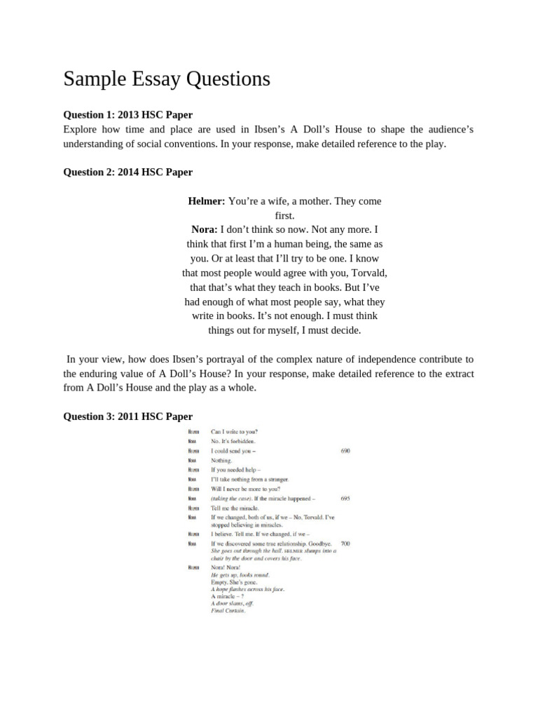 Module B - Past HSC Questions (A Doll - S House) | PDF