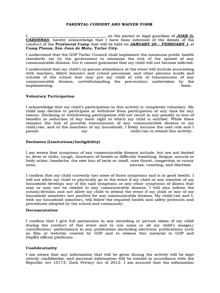 Camp Parental Consent - GSP | PDF | Infection | Diseases And Disorders