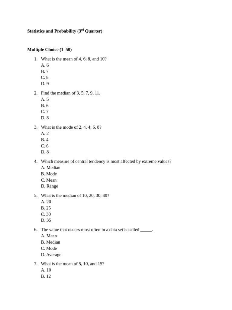 Statistics and Probability Test Questions | PDF | Mean | Mode (Statistics)