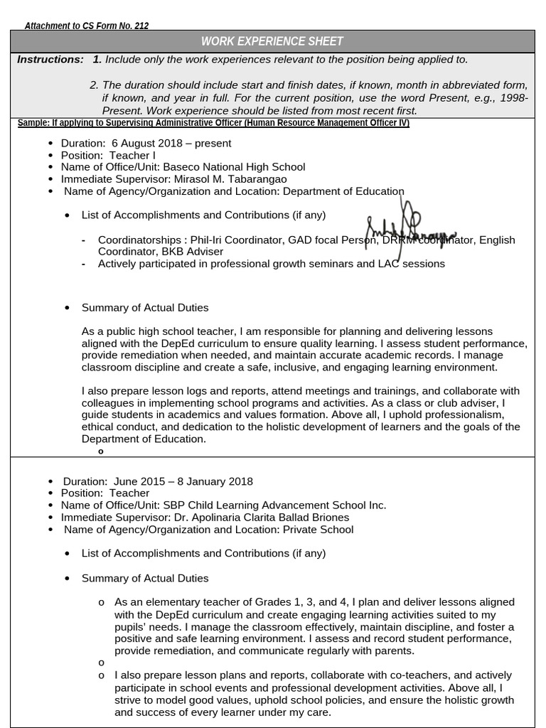 ANNEX H 2 CS Form No. 212 Attachment Work Experience Sheet | PDF ...