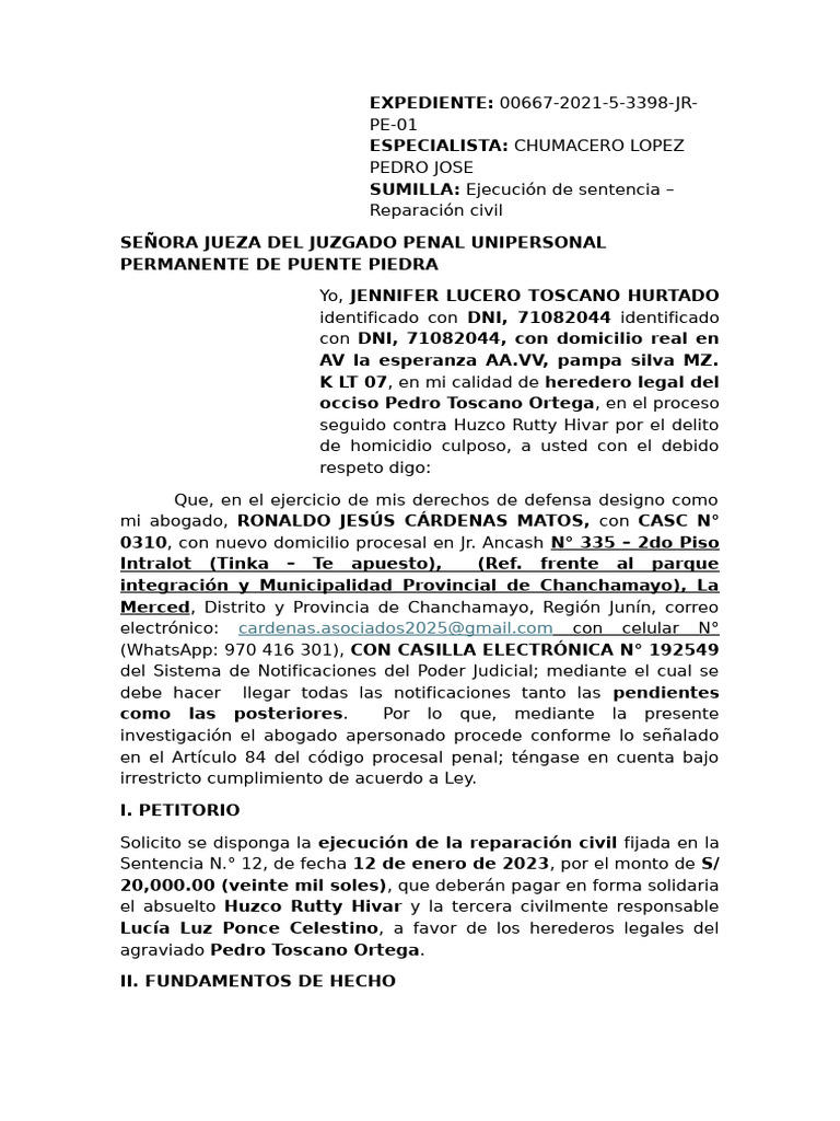 Ejecucion de Sentencia de La Señora Elva | PDF | Sentencia (ley) | Ley ...