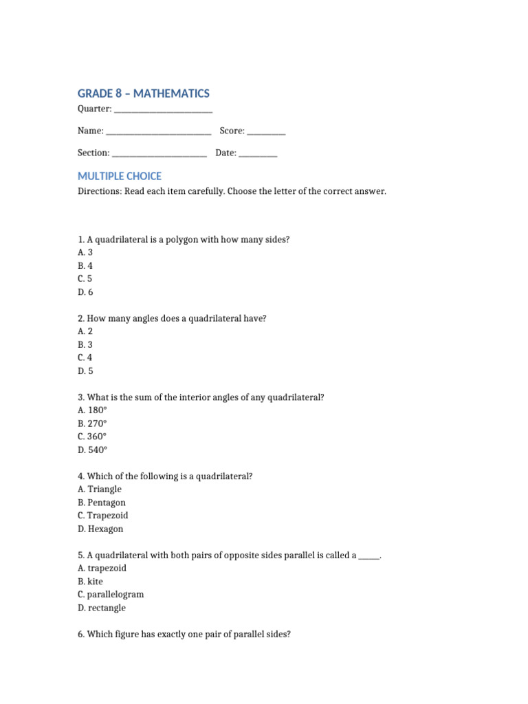Grade 8 Quadrilaterals 50 Item Test | PDF | Rectangle | Perpendicular