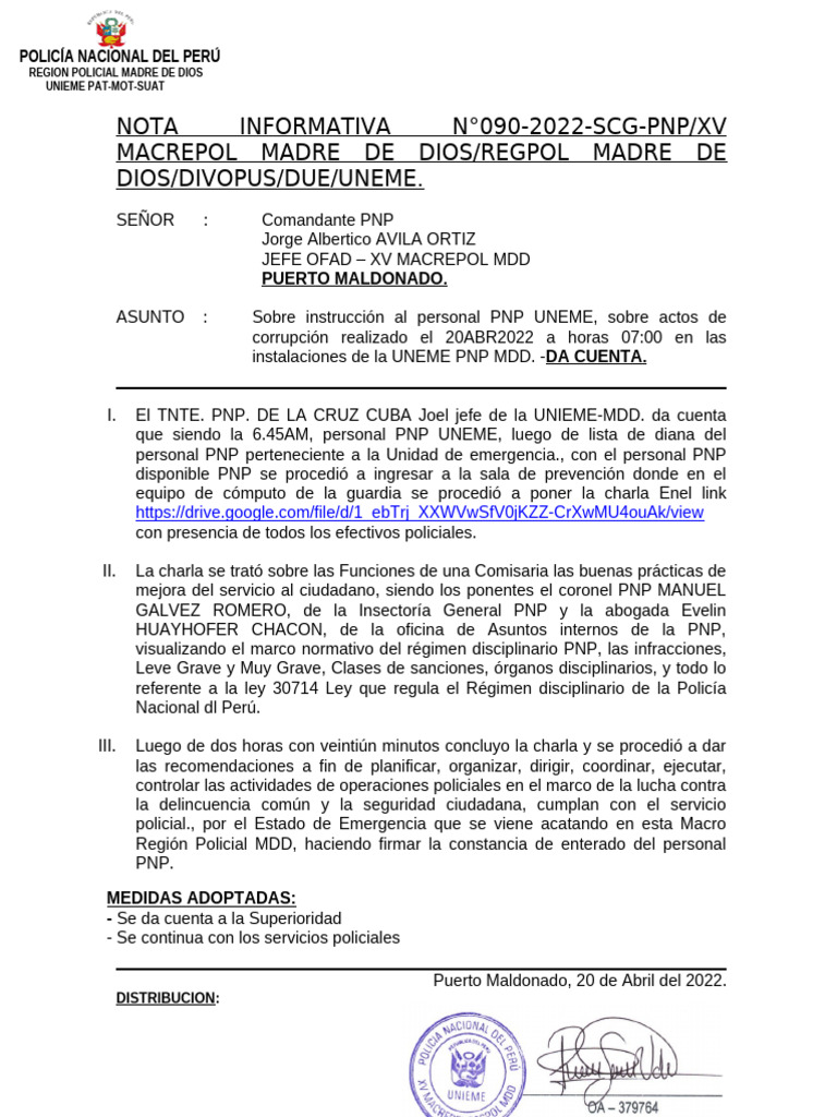 NOTA INFORMATIVA N° SOBRE CHARLAS 20ABR22 | PDF | Policía ...