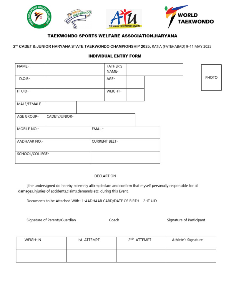 Entry Form Cadet&Junior State Ratia | PDF | Taekwondo | Summer Sports