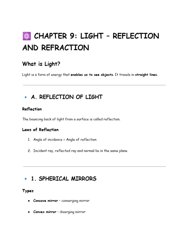 ⚛️ CHAPTER 9- LIGHT – REFLECTION AND REFRACTION | PDF | Mirror | Atomic