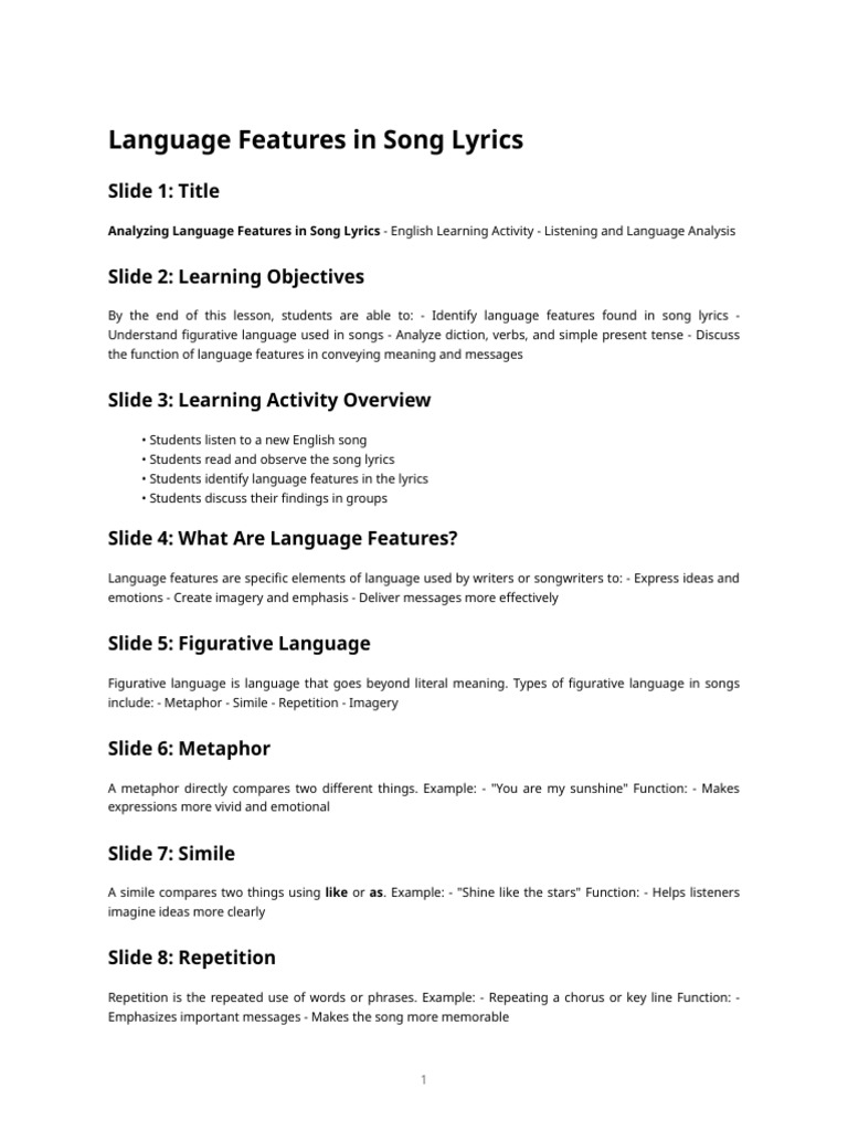 Language Features in Song Lyrics | PDF | Metaphor | Grammatical Tense