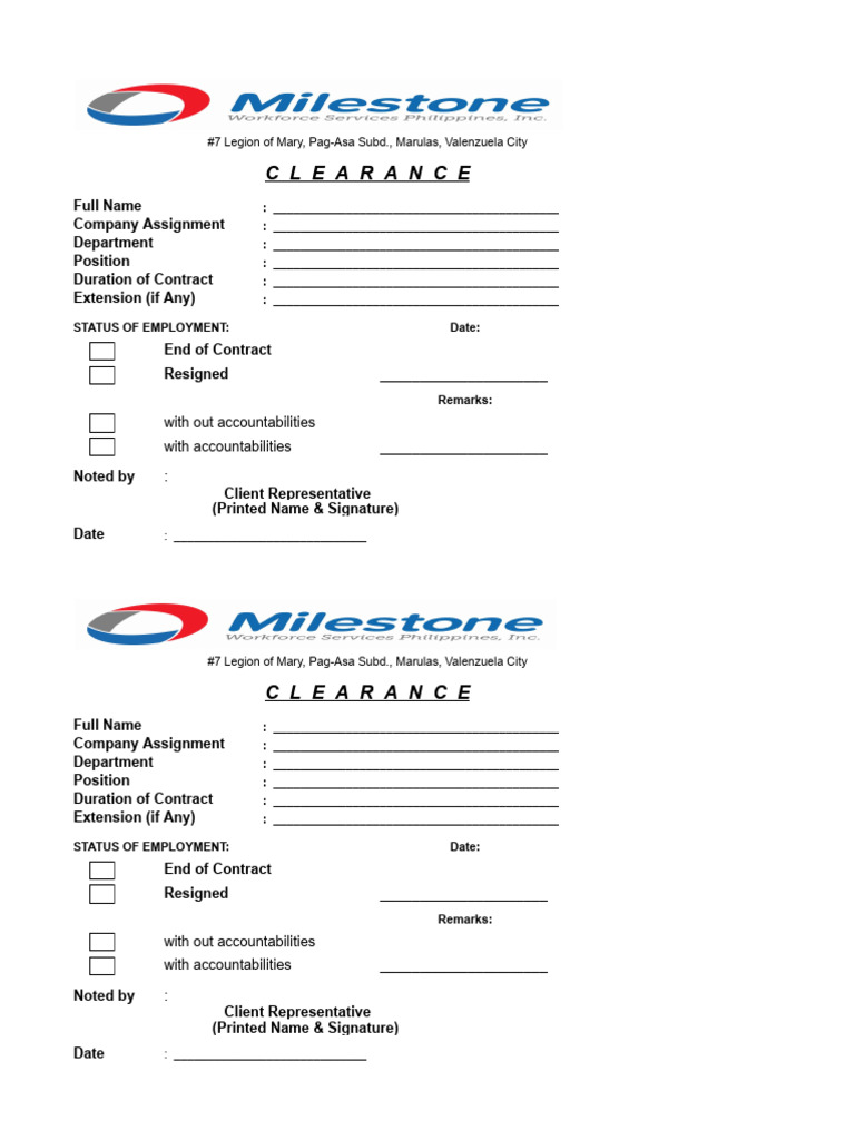 Clearance Form MILESTONE - Xls - Google Sheets | PDF