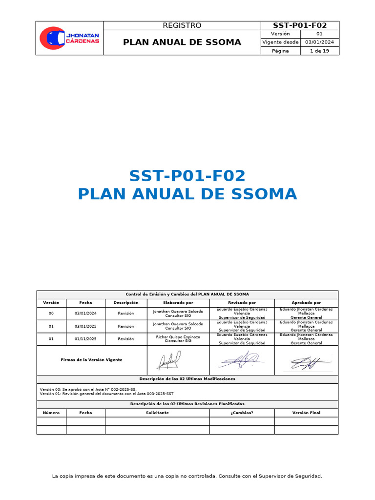Sst-p01-f02 Plan Anual de Ssoma v3 2025 | PDF | Seguridad y salud ...