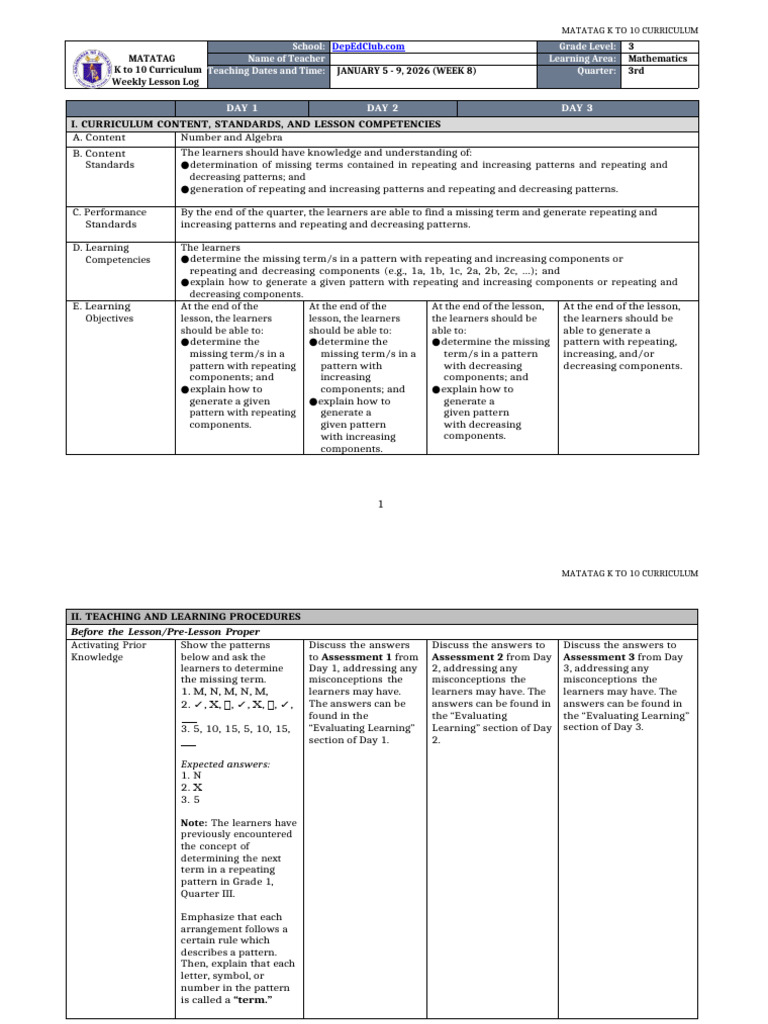 DLL Matatag Math 3 q3 w8 | PDF | Curriculum | Pattern