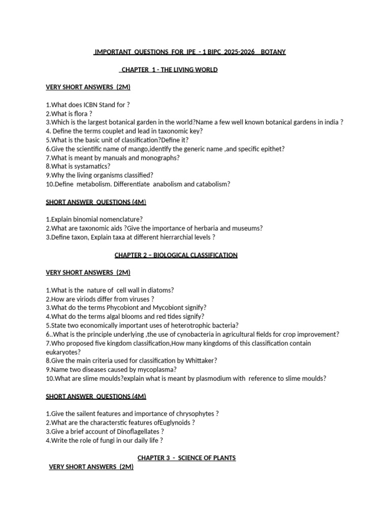 Important Questions 1st Bipc Botany | PDF | Flowers | Sexual Reproduction