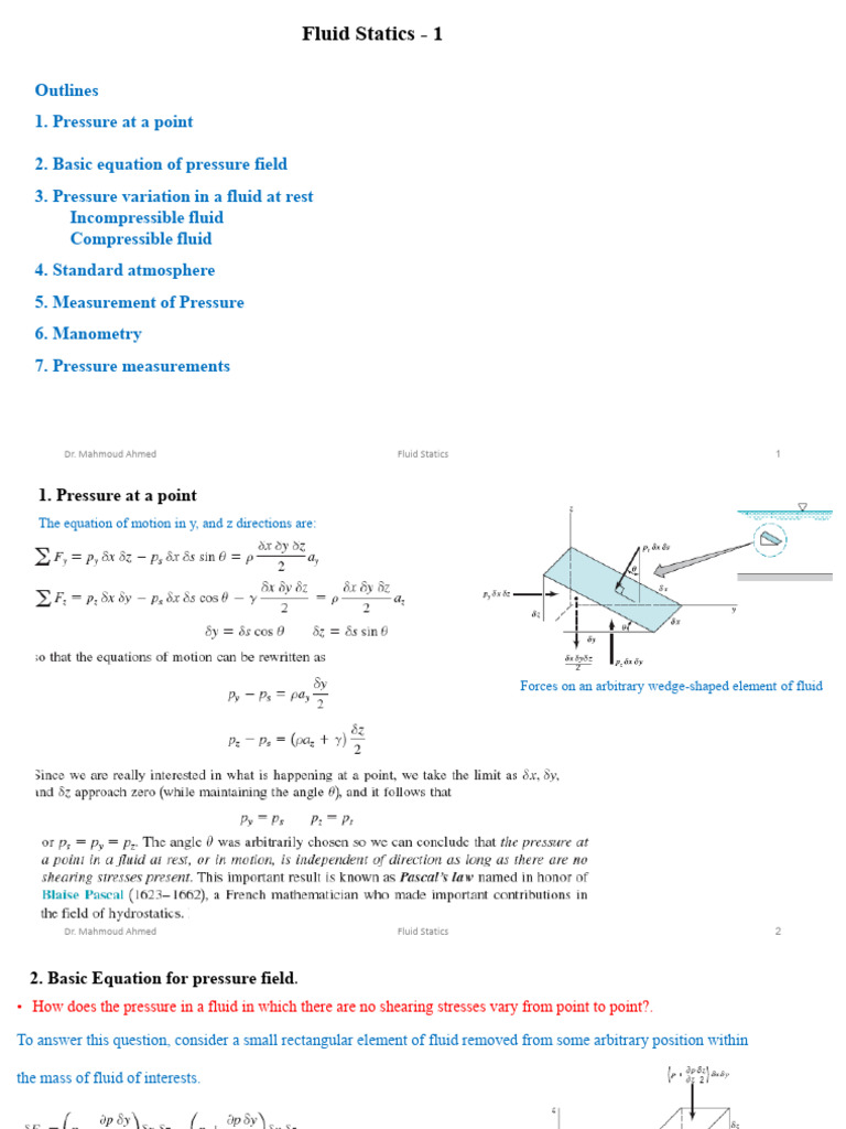 Fluid Statics - Part-1 | PDF | Pressure Measurement | Pressure